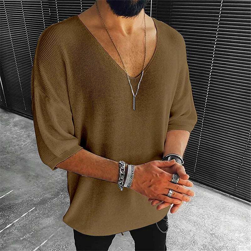 Autumn New Casual Knitted Sweater For Men Half Sleeve V-Neck Solid Jumpers Tops Fashion Slim Fit Sweaters Mens Streetwear