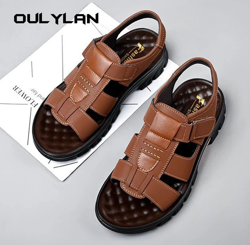 Male Summer Sandals Men's Beach Shoes Open Toe Slippers Outdoor Non-Slip Thick-soled Leather Sandals 2024 Men Outdoor Sandals