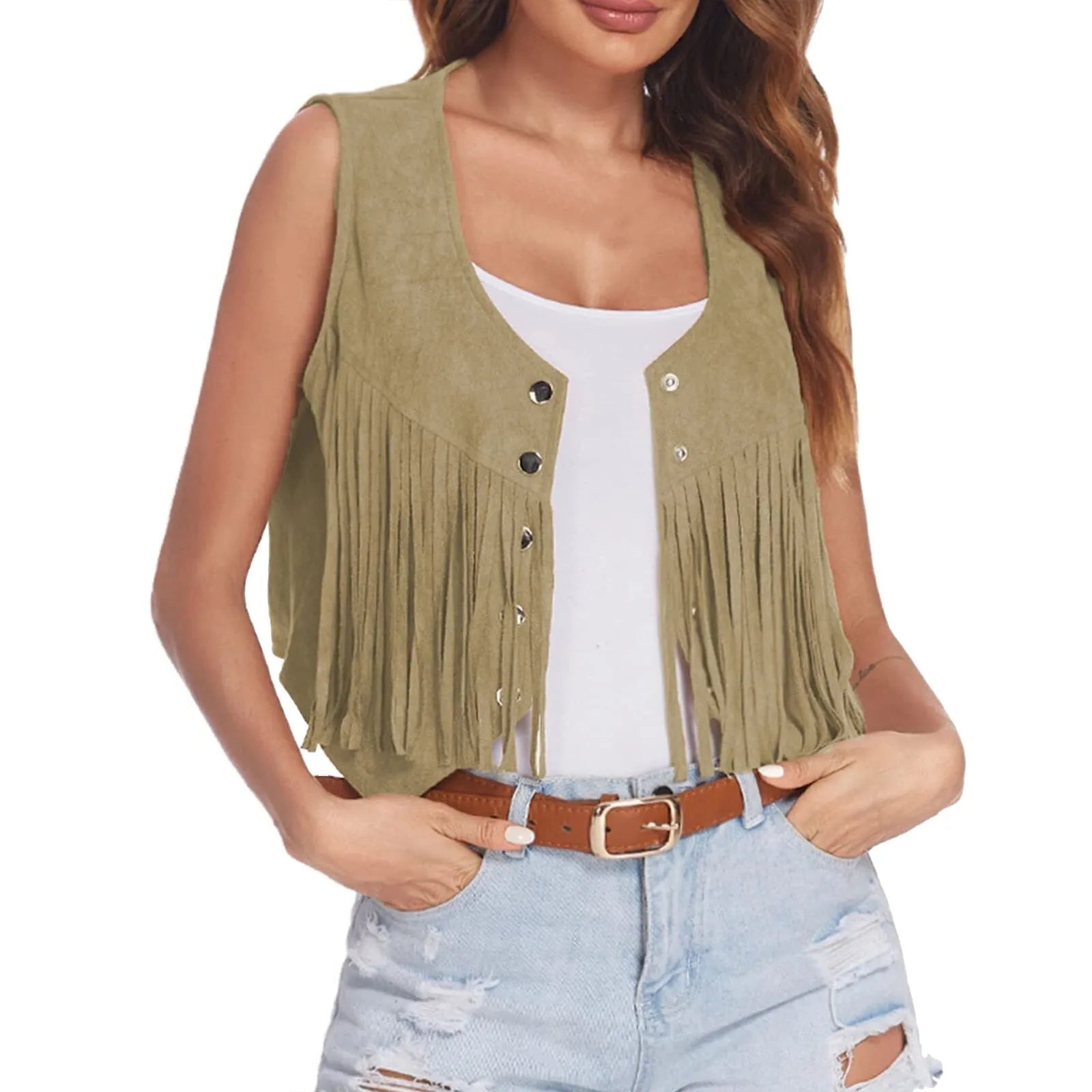 Western Fringe Vest Women Faux Suede Open-Front Vintage Vest Sleeveless 70s Hippie Clothes Boho Jacket Women Hooded Jacket