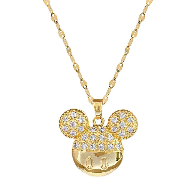 Disney Cartoon Mickey Minnie Mouse Zircon Pendant Necklace for Women Girl Stainless Steel Chain Sweet Gift for Friends Kids