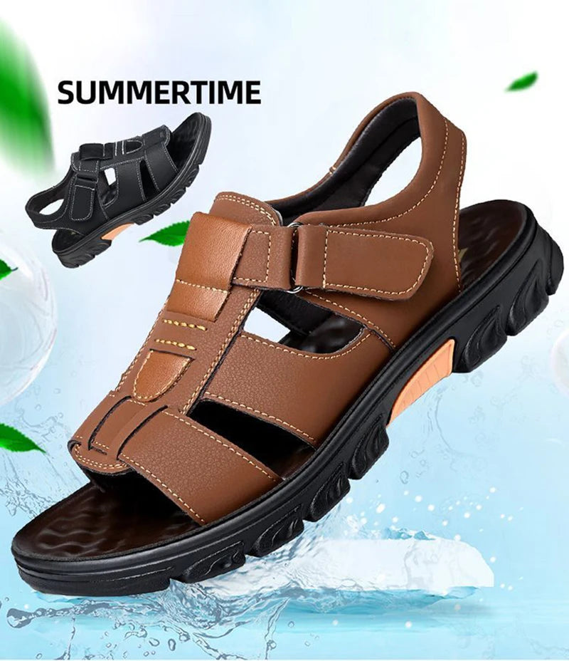 Male Summer Sandals Men's Beach Shoes Open Toe Slippers Outdoor Non-Slip Thick-soled Leather Sandals 2024 Men Outdoor Sandals