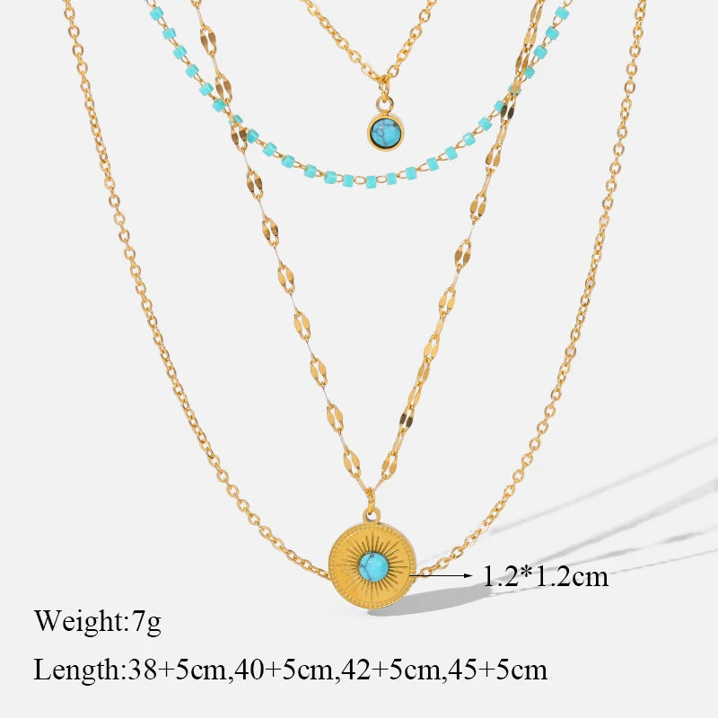 EILIECK 316L Stainless Steel Multilayer Green Stone Round Pendant Necklaces For Women Vintage Chokers Jewelry Gifts Accessories