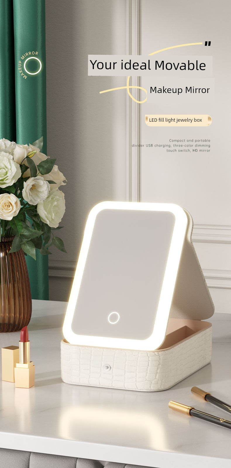 Travel Bag Mirror Desktop Desktop Cosmetic Mirror Portable with Light Women Portable Foldable Led Storage Box
