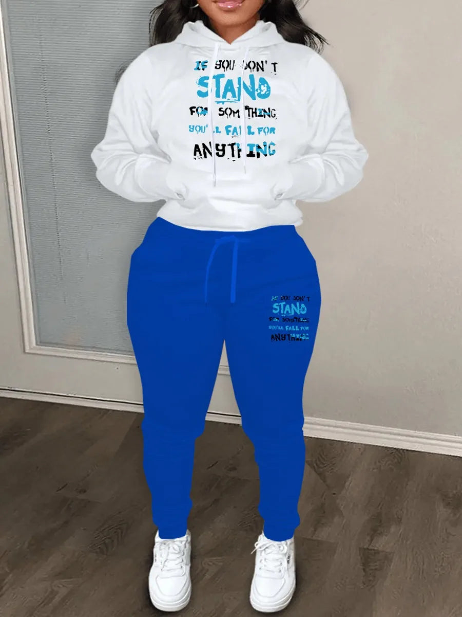 Plus Size Autumn & Winter Letter Print Color Block Hooded Sweatshirt Set Daily Casual Long Sleeve Female Tracksuit Set