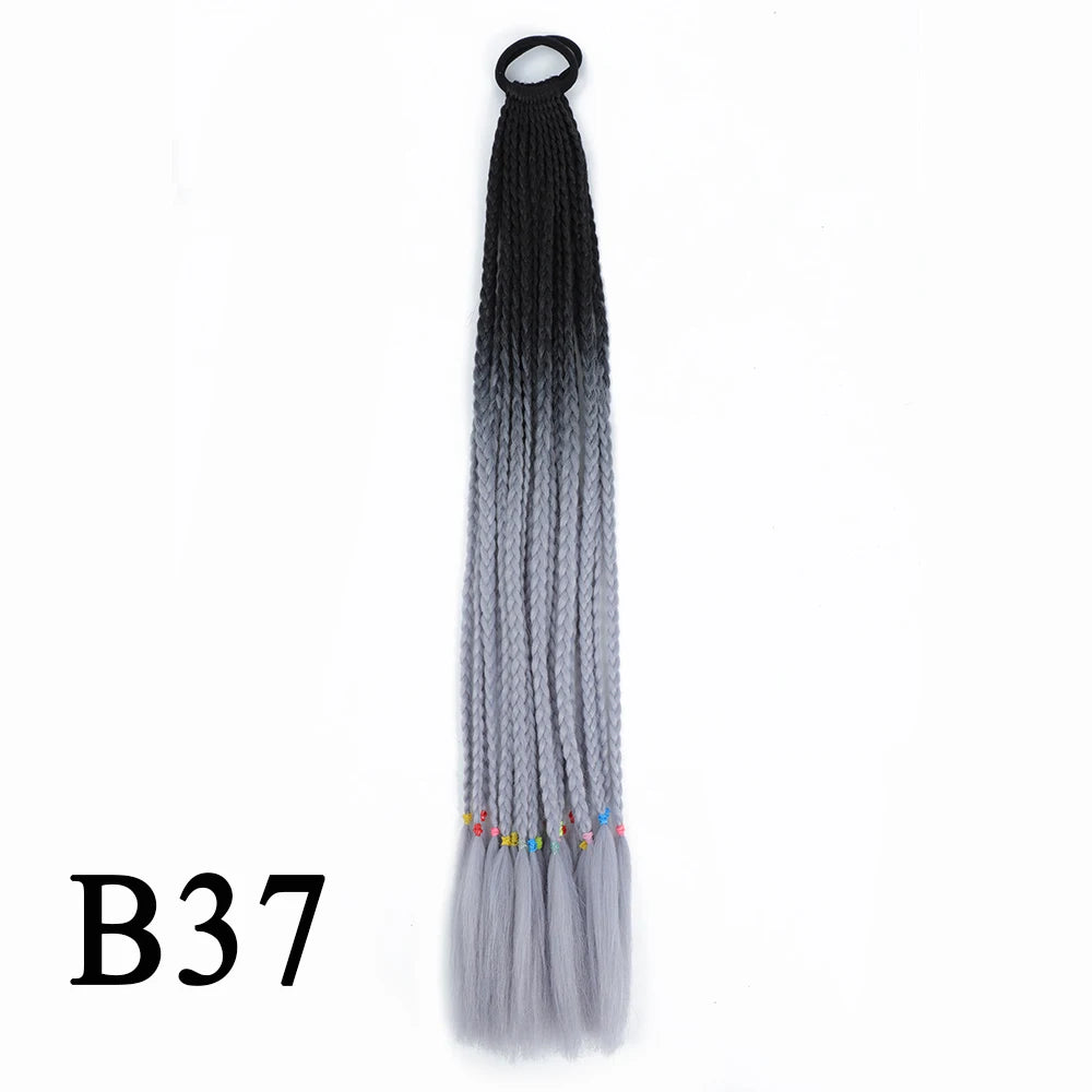 Synthetic 24 Inch Long Colored Box Braids Hair Ponytail With Rubber Bands Rainbow Twist Braided Highlights Ponytail For Women