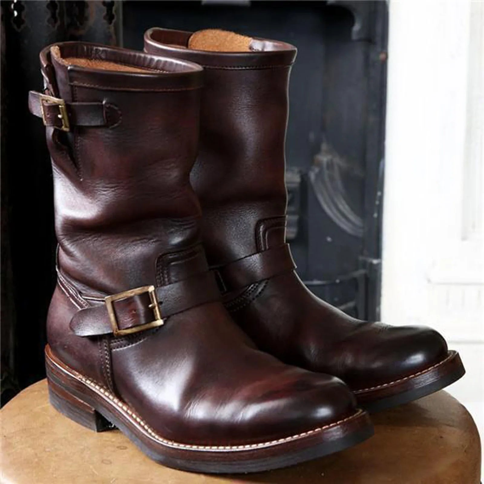 Men Boots Cowboy Rider Boots Belt Buckle Square Heel Mid Calf Winter PU Western Motorcycle Boots Work Safety Shoes