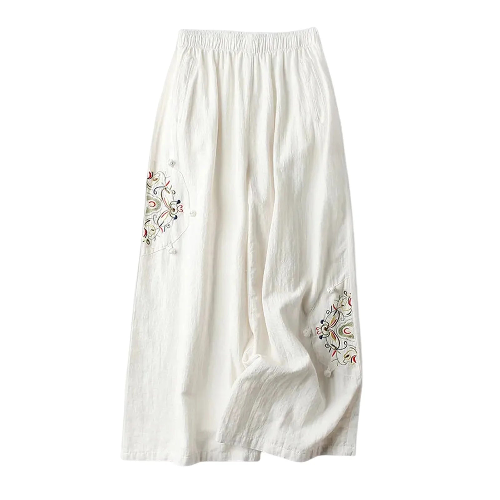 Women Ethnic Style Casual Pants For Women Embroidered Elastic Waist Wide Leg Trousers Women Pantalones Cotton Linen Culottes