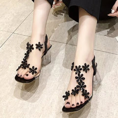 Ladies Shoes on Sale 2023 Fashion Elastic Band Women Sandals Square Toe Solid Rhinestones Transparent Chunky Heels Sandals Women