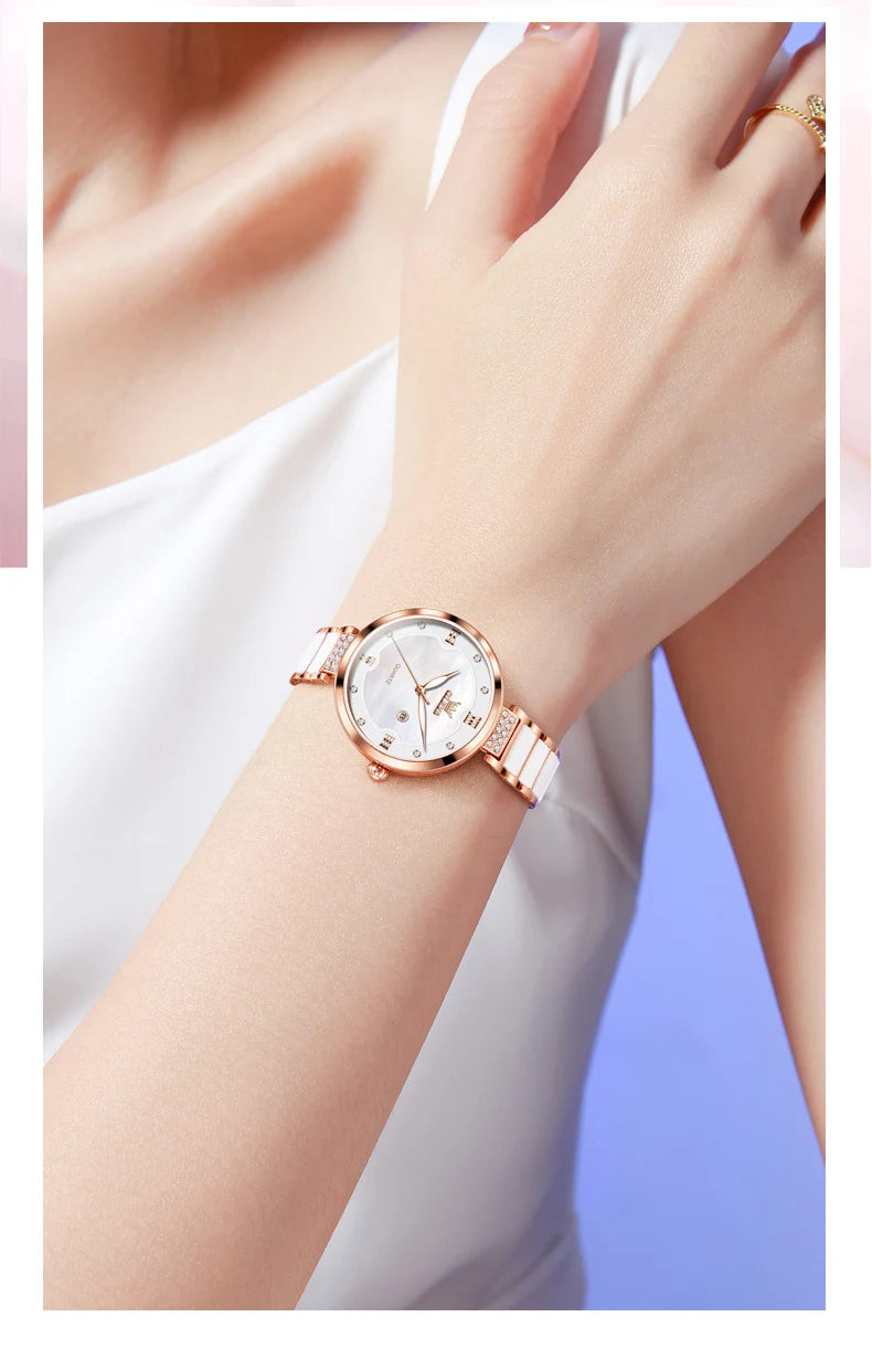 OLEVS Original Watch for Women Ceramic Stainless steel Strap Luxury Brand Elegant Ladies Watch Women's Bracelet Wristwatch Set