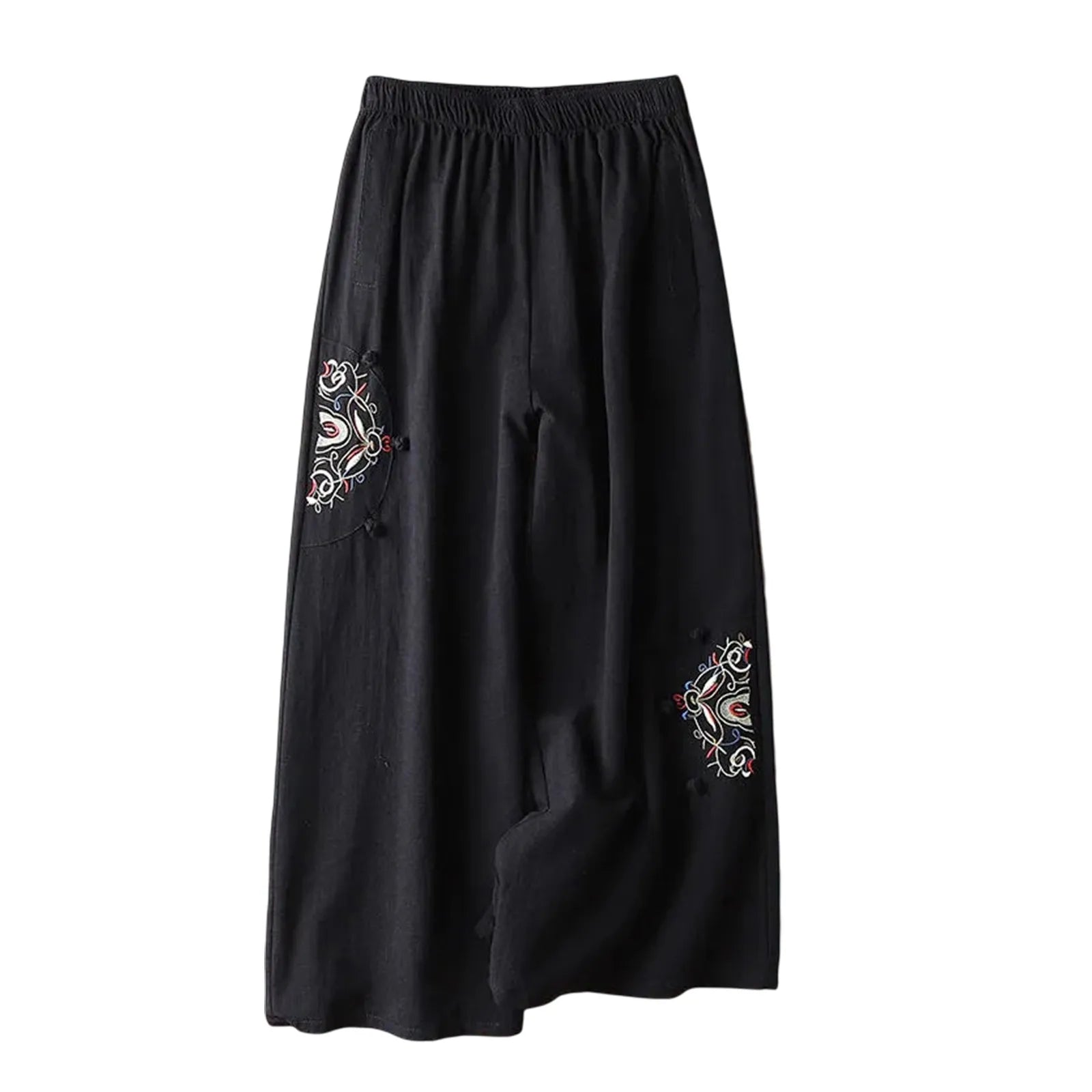 Women Ethnic Style Casual Pants For Women Embroidered Elastic Waist Wide Leg Trousers Women Pantalones Cotton Linen Culottes