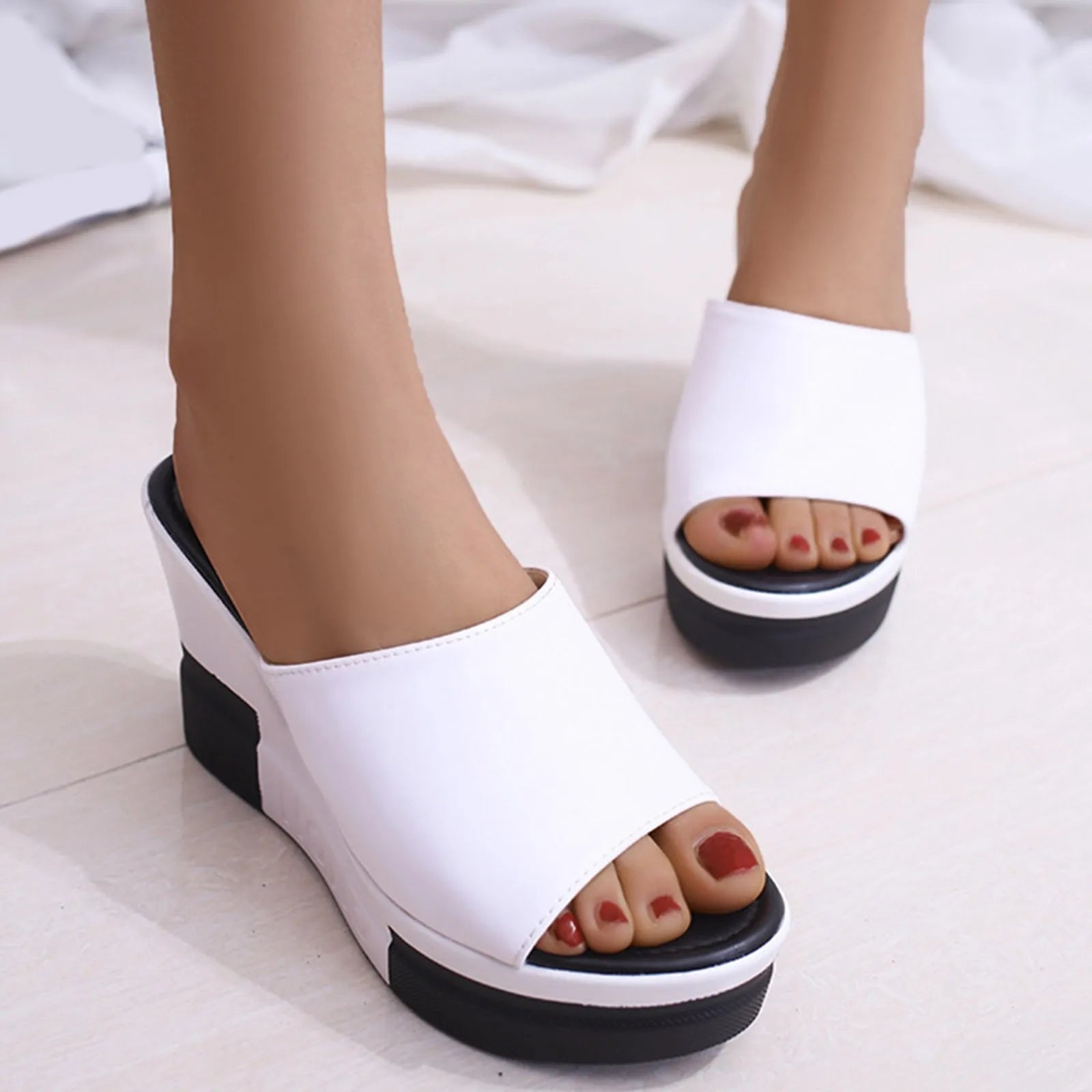 Summer Outdoor Women's Wedges Slippers Slip-On Shoes for Women Wedges Platform Sandals WomenPeep Toe Leather Sandals Shoes