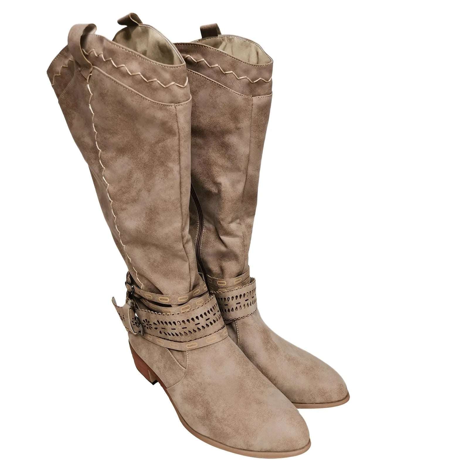 2023 New Western Cowboy Boots Buckle Ladies Low Heel Knee High Boots Retro Hollow Out Shoes Winter Female Shoes