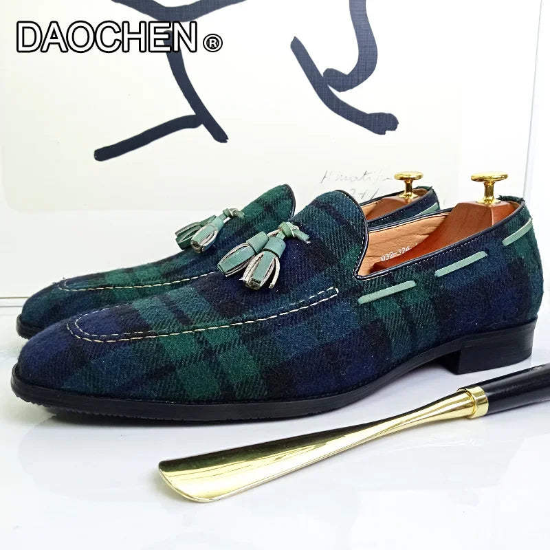 LUXURY BRAND MEN'S LOAFERS SHOES GREEN BLACK GINGHAM TASSEL SUEDE CASUAL DRESS MAN SHOES GENUINE LEATHER LOAFERS FOR MEN