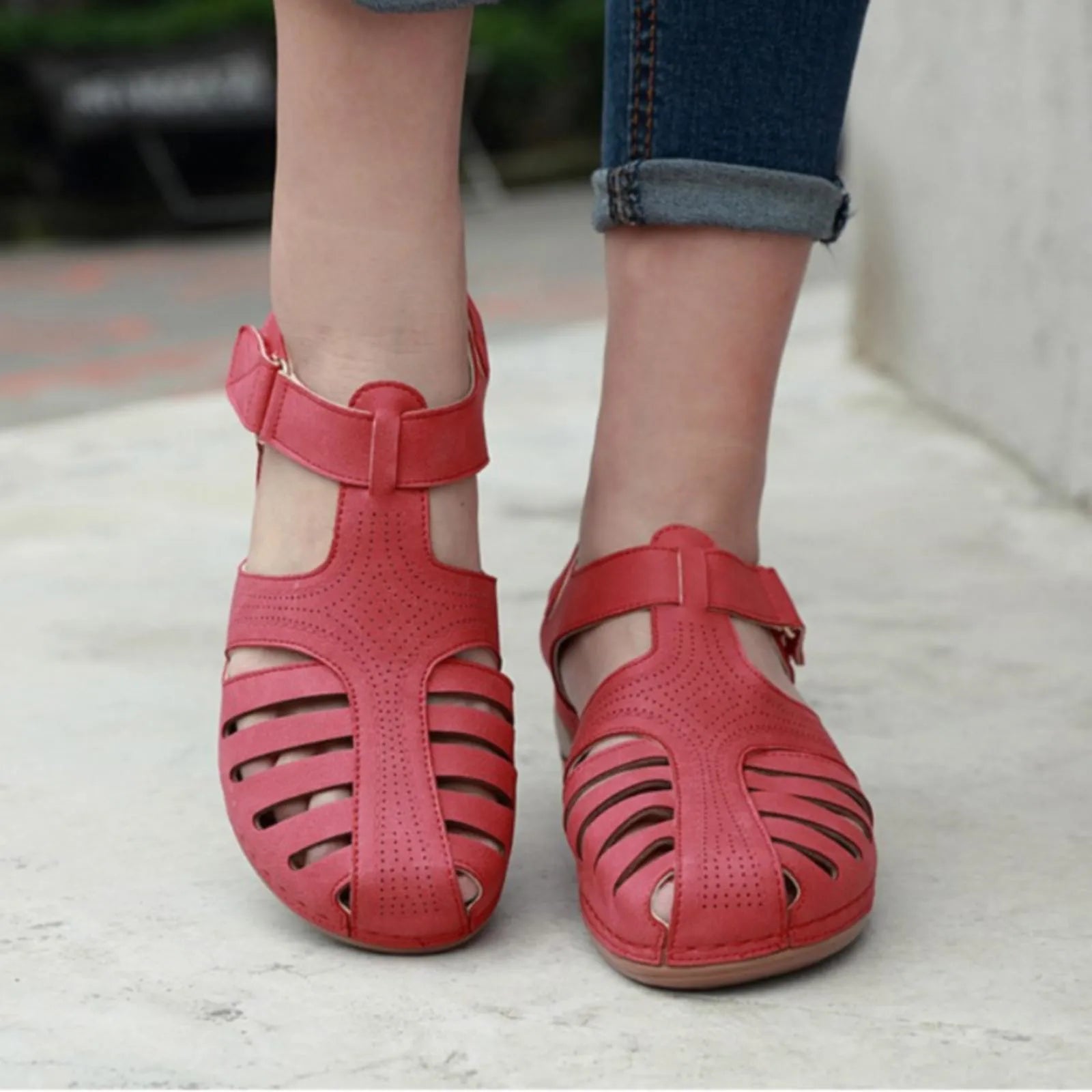 Thick Sole Sandals Woman Summer 2023 Leather Closed Toe Vintage Anti Slip Sandals Thick Sole Premium Shoes  Outdoor Female Shoes