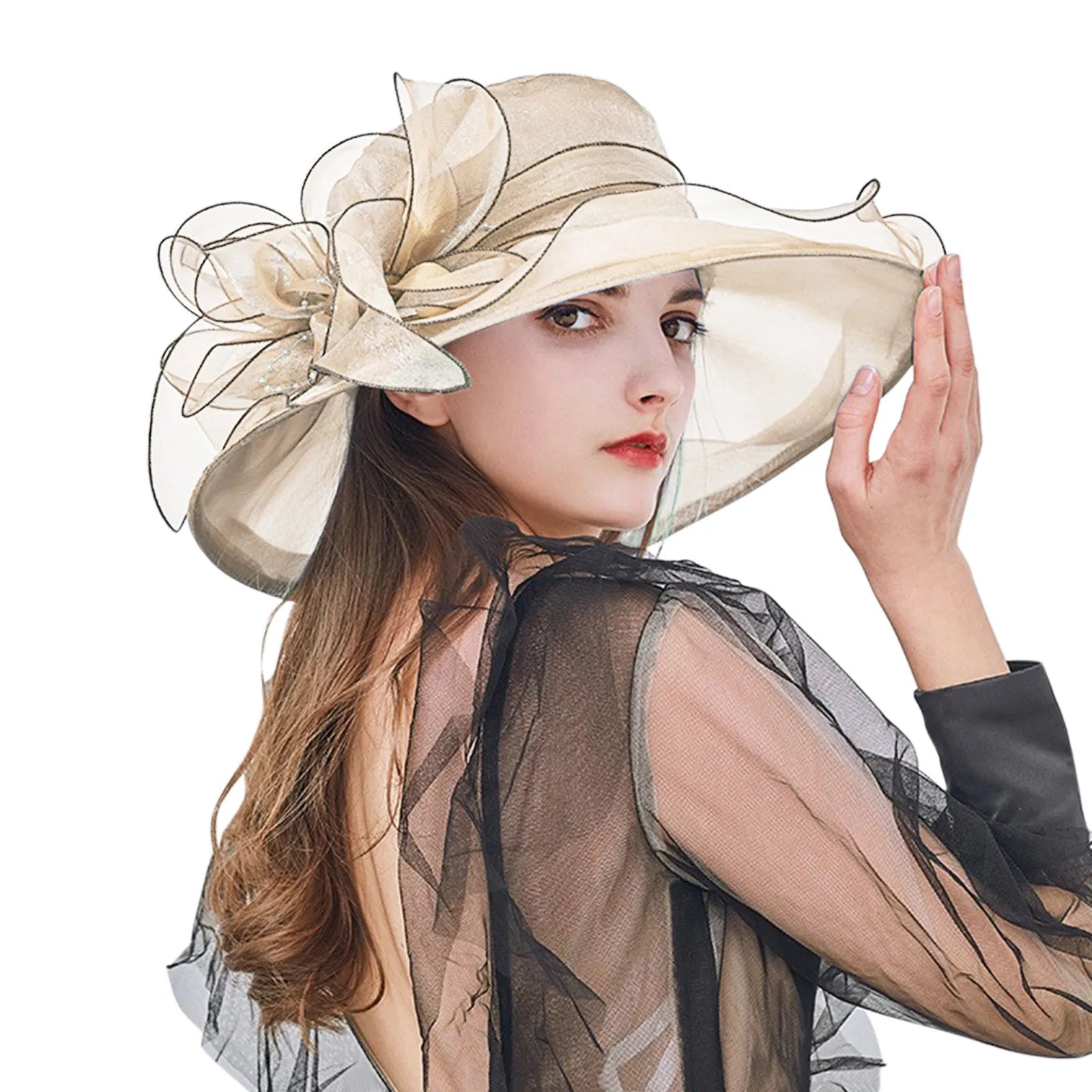 Elegant Women's Summer Hat Wide Bridal Style Leaf Flower Mesh Polyester Shower Hats Solid Color Sun Protection Visors Caps