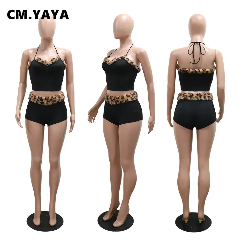 CM.YAYA Women's Set Strapless Sleeveless Leopard Print halter  Top and Shorts Suits 2024 Street Two 2 Piece Set Outfit Tracksuit