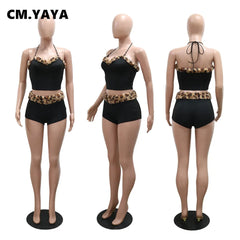 CM.YAYA Women's Set Strapless Sleeveless Leopard Print halter  Top and Shorts Suits 2024 Street Two 2 Piece Set Outfit Tracksuit