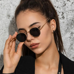 Fashion Trendy Black UV400 Protection Shades Sun Glasses Round Sunglasses for Women Metal Frame For Travel|Beach