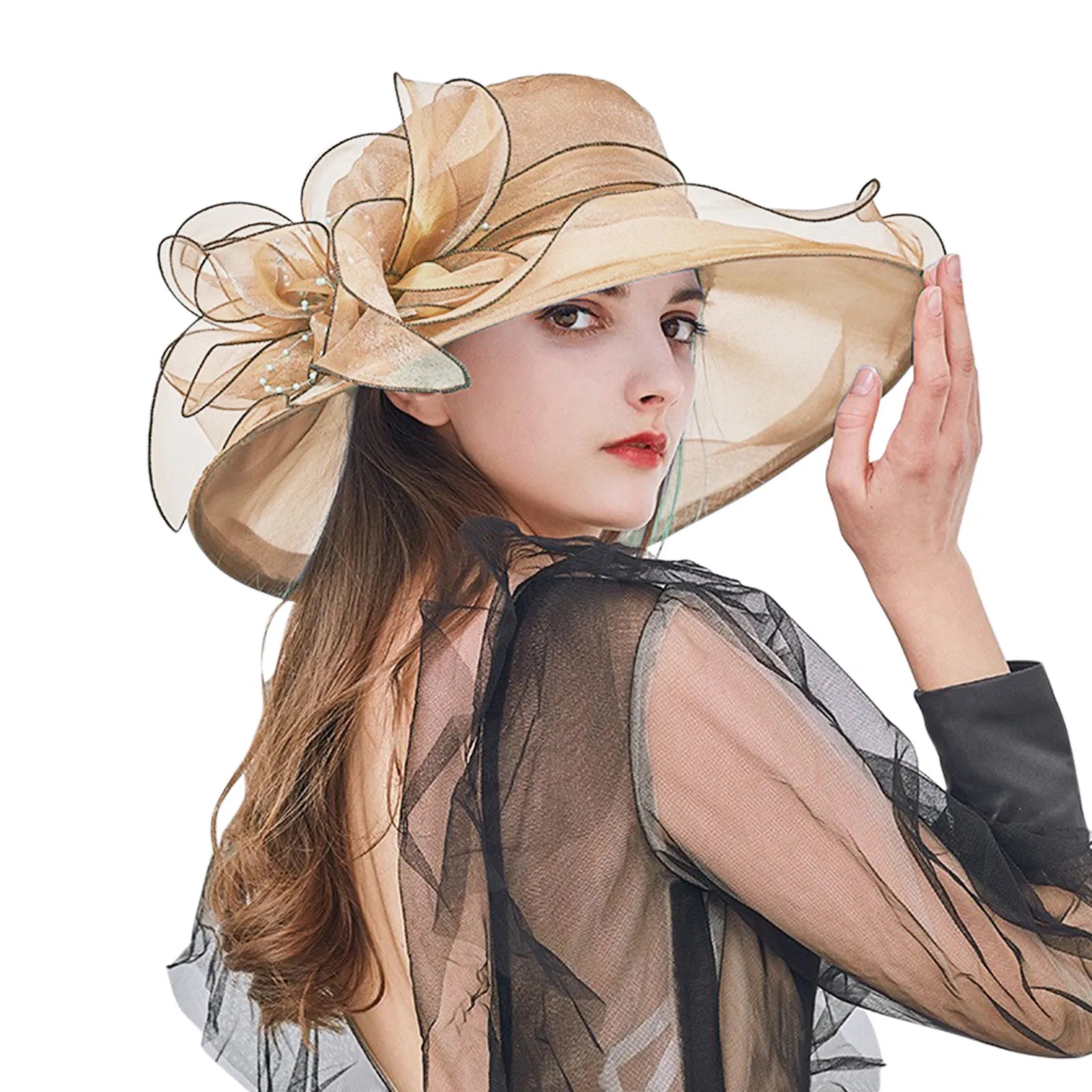 Elegant Women's Summer Hat Wide Bridal Style Leaf Flower Mesh Polyester Shower Hats Solid Color Sun Protection Visors Caps