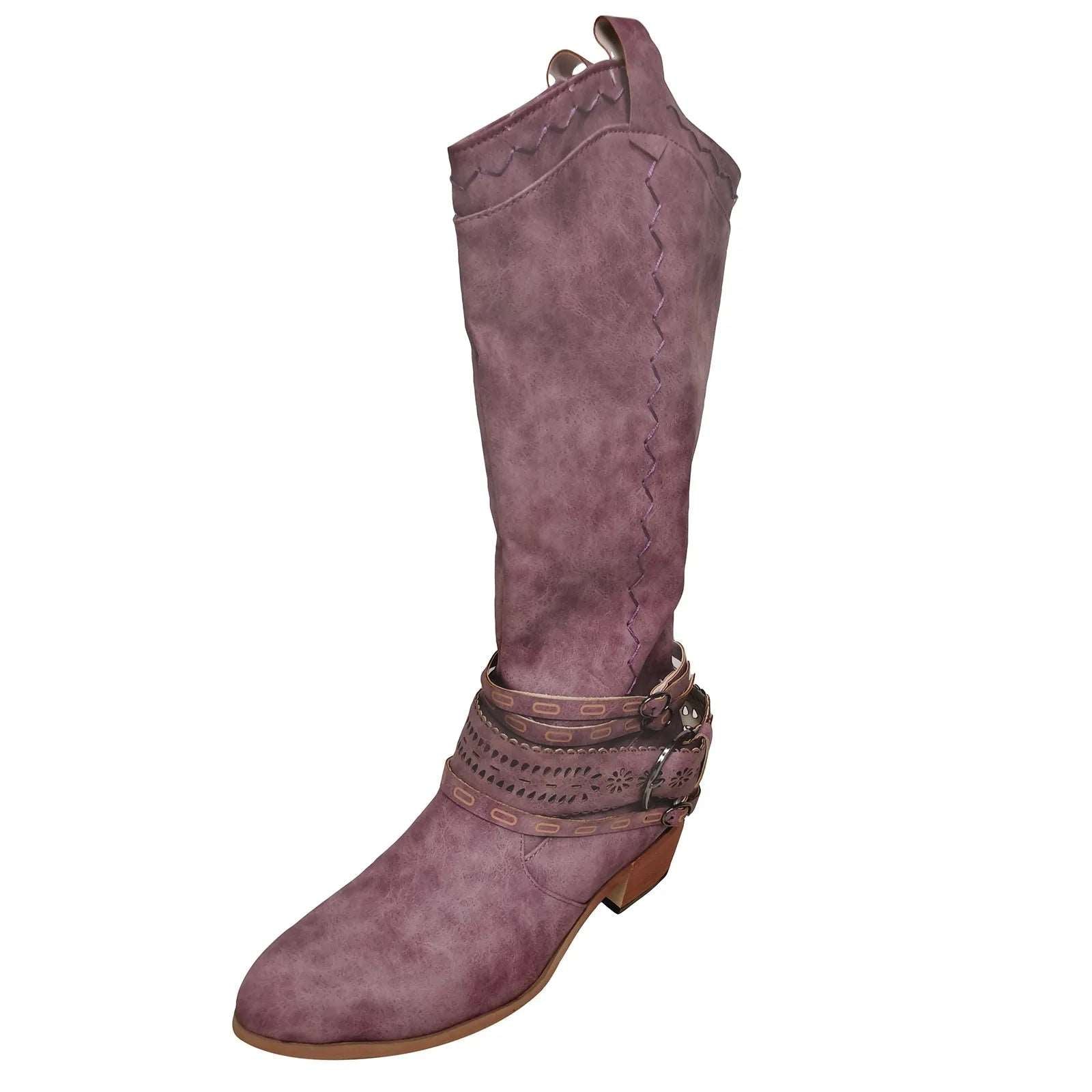 2023 New Western Cowboy Boots Buckle Ladies Low Heel Knee High Boots Retro Hollow Out Shoes Winter Female Shoes