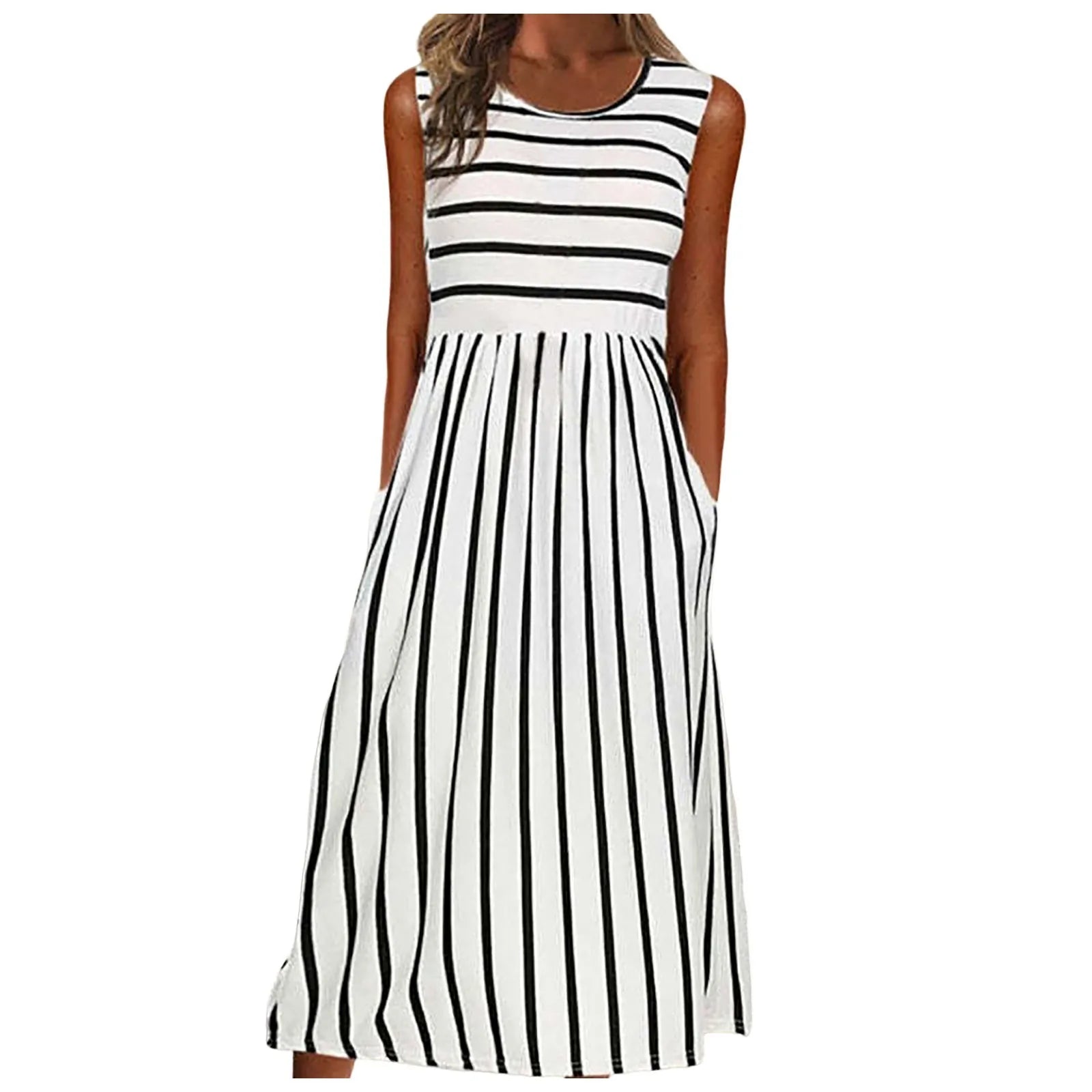 Womens Dresses Women Fashion Casual Striped Print Round Neck Sleeveless Pocket Long Dress Vestidos De Fiesta Elegantes 2024