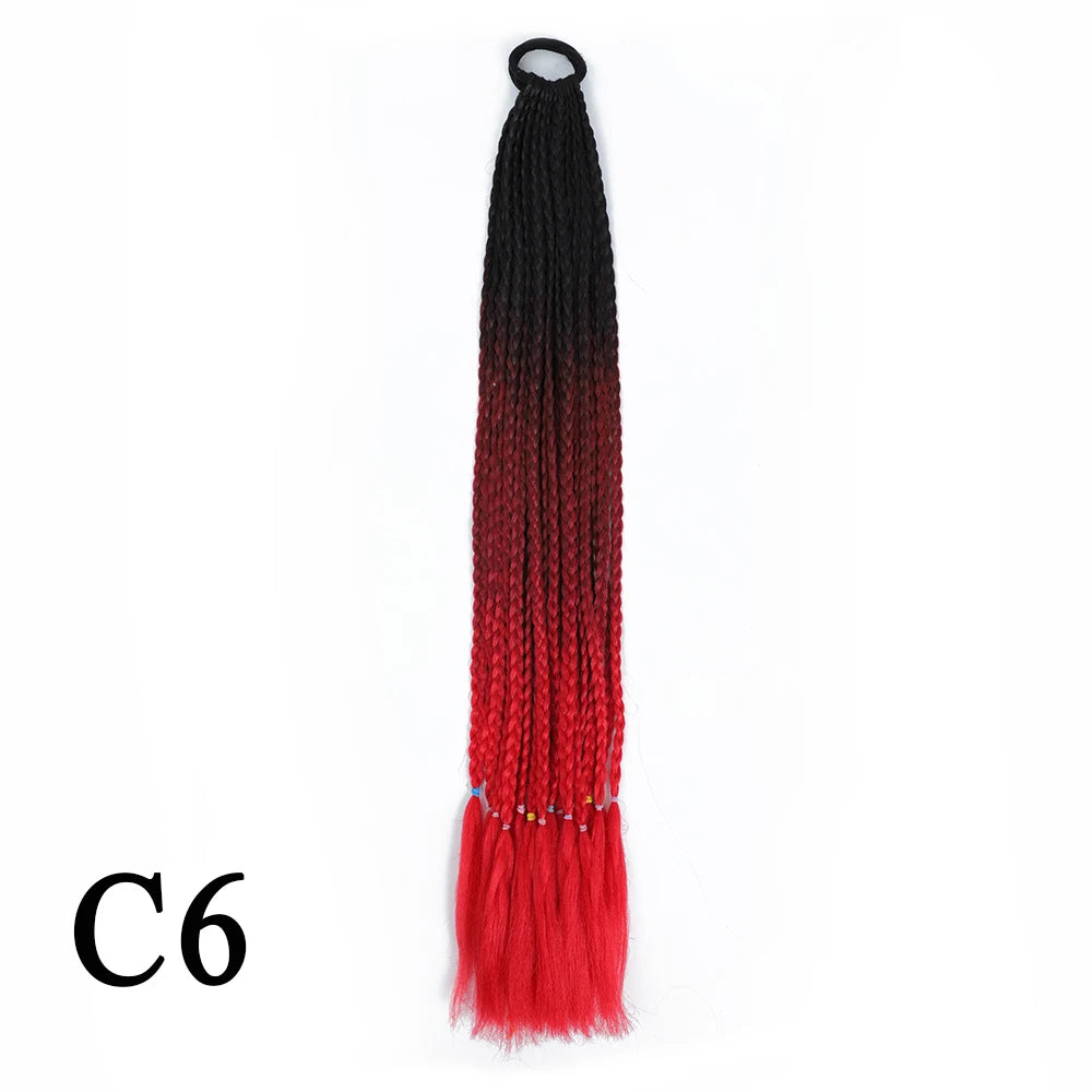 Synthetic 24 Inch Long Colored Box Braids Hair Ponytail With Rubber Bands Rainbow Twist Braided Highlights Ponytail For Women