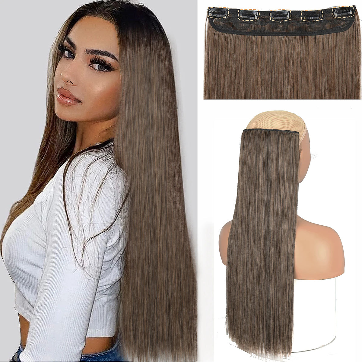 Long Straight Hairstyle 5 Clip Natural Hair Extension Synthetic Fiber Heat-Resistant Hairpiece 22"32" Black Brown Blonde