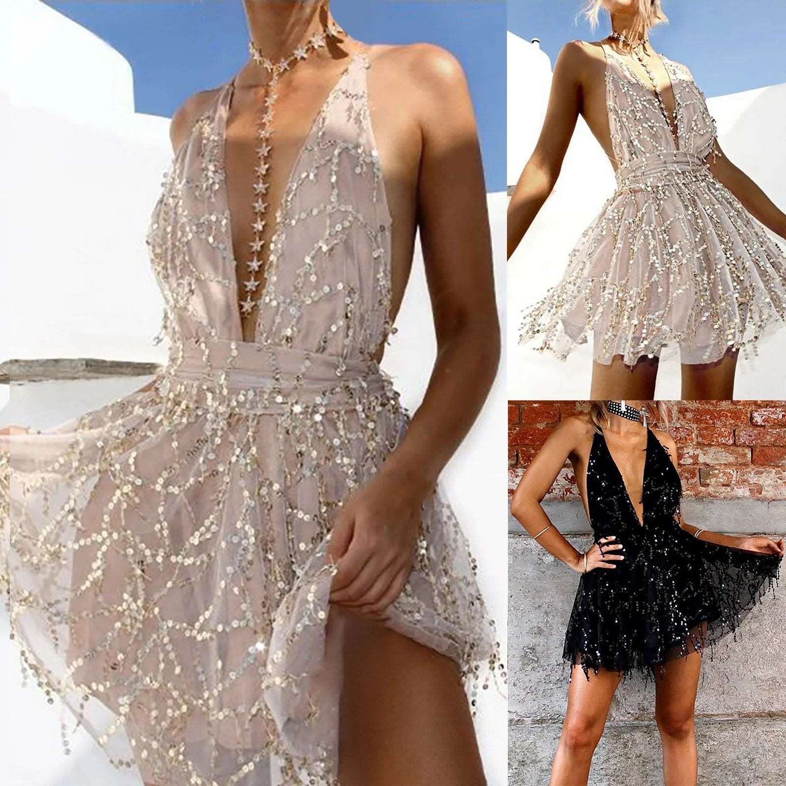 2023 Sequin Voile Dress Lady Prom Evening Through Mesh Robe Femme Sexy Backless V-Neck Sling Shining Mini Dresses Vestidos