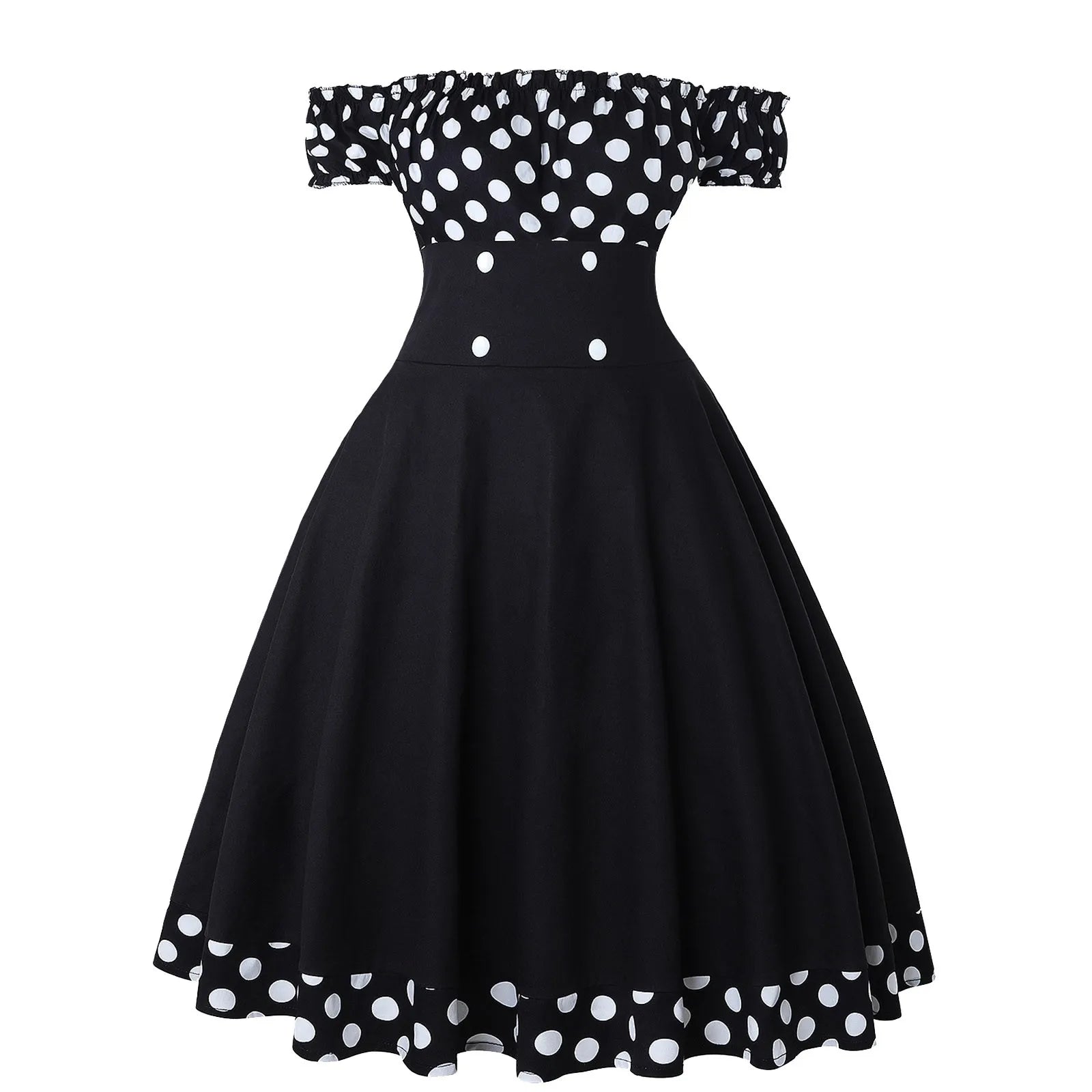 Elegant Vintage Hepburn Dress Women Black Red Off Shoulder Sleeveless A-Line Dress Female Retro Rockabilly 50s Polka Dot Dress