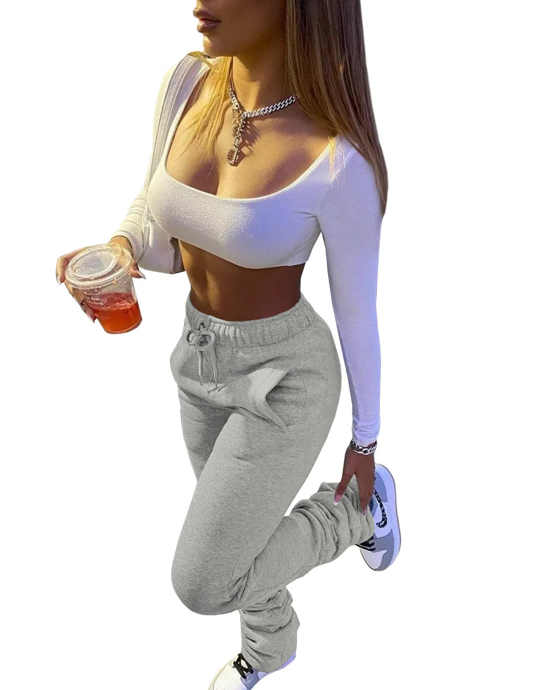 XS-3XL Size Stacked Sweat Pants Fall Winter Womens Mid Waist Thick Stacked Fleece Pants Joggers Long Trousers Sweatpants