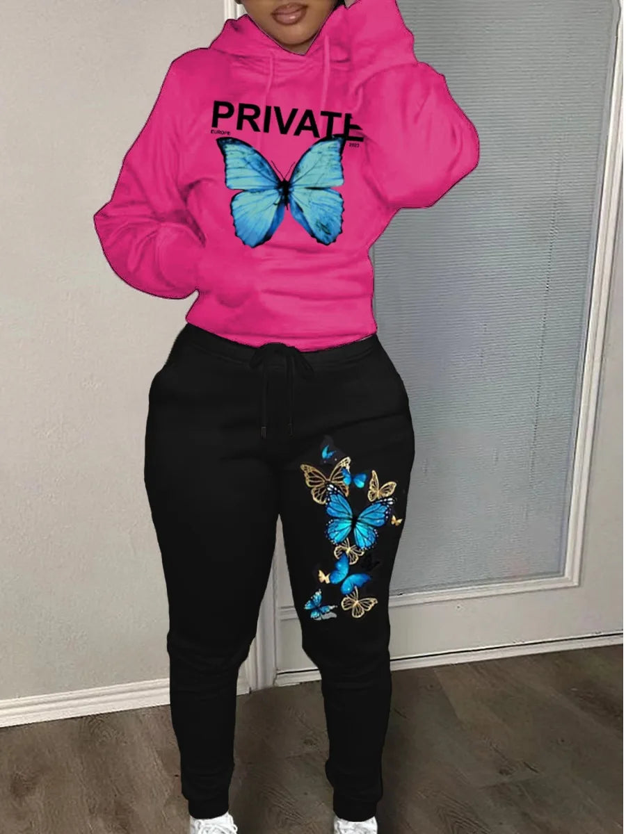 Plus Size Autumn & Winter Letter Print Color Block Hooded Sweatshirt Set Daily Casual Long Sleeve Female Tracksuit Set