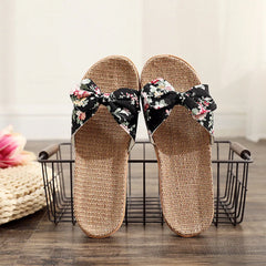 Women Summer Casual Slides Comfortable Flax Slippers Floral Bow Linen Flip Flops Platform Sandals Ladies Indoor Shoes