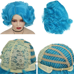 Synthetic Blue Wigs Cosplay Halloween Party Carnival Use Short Curly Wig for Women Natural Fluffy Hair Side Parting Hairstyle