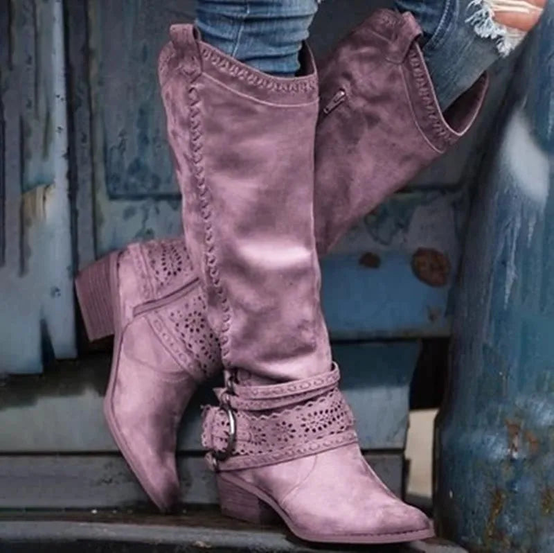 2023 New Western Cowboy Boots Buckle Ladies Low Heel Knee High Boots Retro Hollow Out Shoes Winter Female Shoes