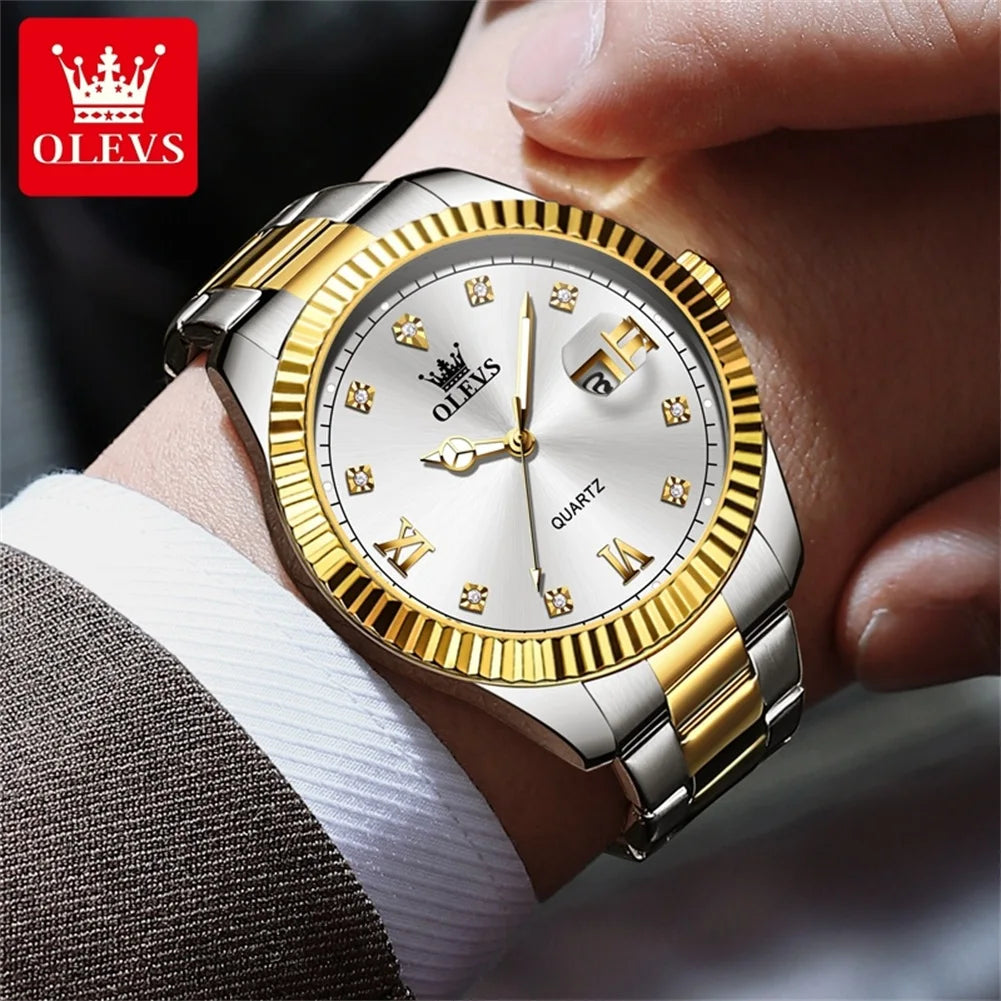 OLEVS 3623 Men's Watches Business Luxury Diamond Roman Scale Waterproof Luminous Stainless steel Gold Wristwatches Man