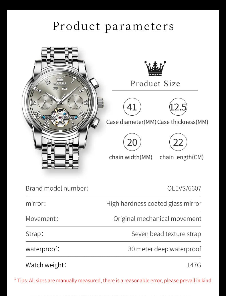 OLEVS Brand Automatic Mechanical Men Watches Waterproof Stainless Steel Strap Watch for Man Skeleton Calendar Hollow out Design