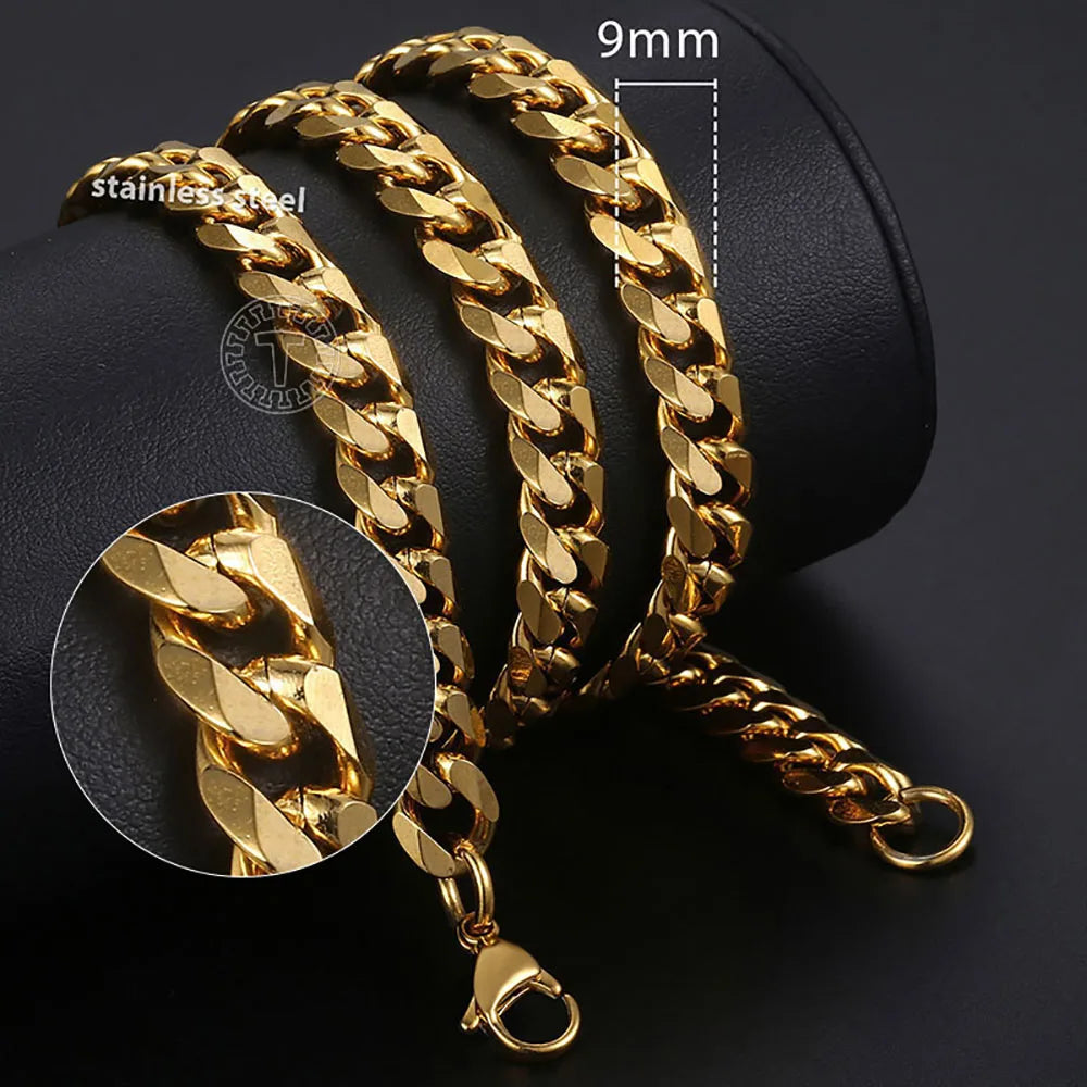 Hiphop Stainless Steel Necklace Curb Cuban Link Chain For Men Women Gold Color Solid Metal Punk Jewelry Gift KNM08
