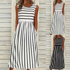 Womens Dresses Women Fashion Casual Striped Print Round Neck Sleeveless Pocket Long Dress Vestidos De Fiesta Elegantes 2024