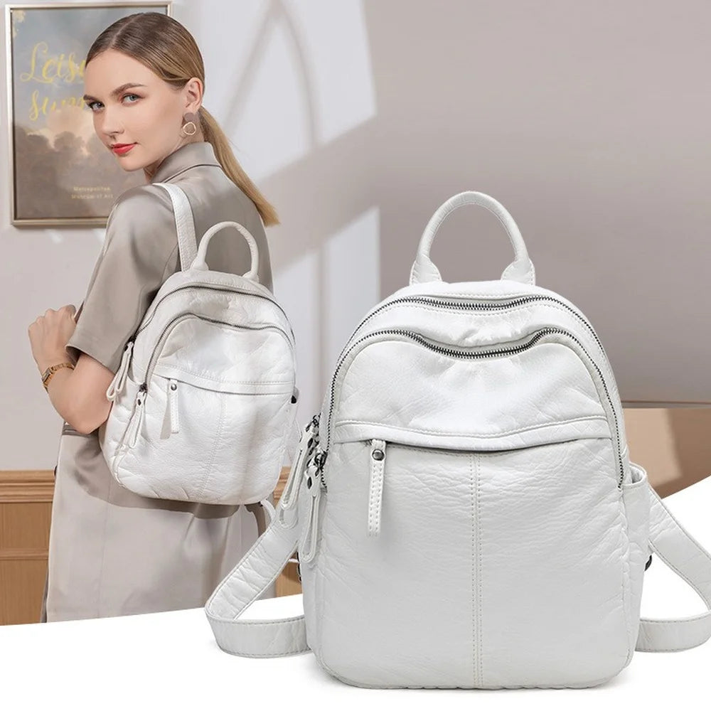 Annmouler Luxury Women Backpacks Pu Leather Shoulder Bag Soft Leather Daypack Double-layer Travel Bag Student School Bag Mochila