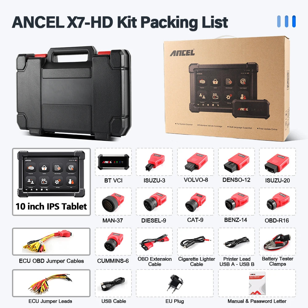 ANCEL X7 HD Heavy Duty Truck Diagnostic Tool Full System 12V 24V EPB ABS Oil Reset SAS DPF Regen TPMS ECU OBD2 Truck Scanner