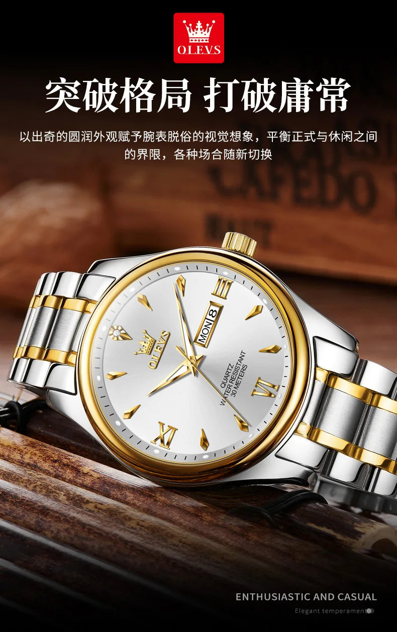 OLEVS Fashion Brand Original Men's Watches Week Calendar Luminous Quartz Watch for Men Waterproof Stainless Steel Strap Business