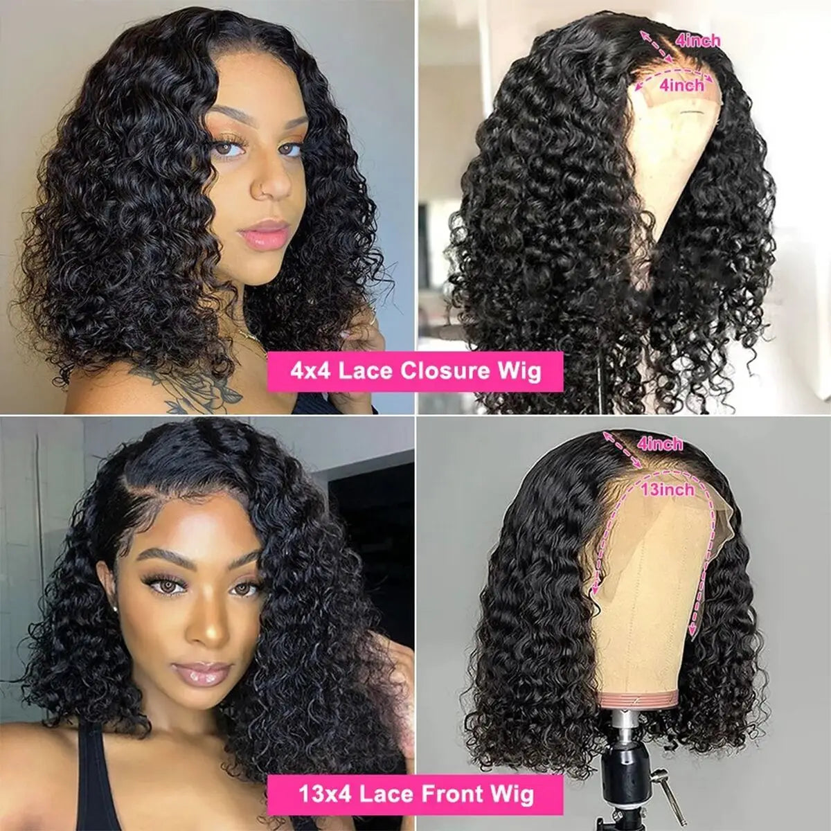 Glueless Wig Human Hair Ready To Wear Deep Wave Frontal Wig Short Curly Bob Wig Human Hair 4x4 13x4 Lace Front Human Hair 180%