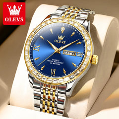 OLEVS 9922 Men's Watches Diamond Bezel Dual Calendar Display Clock Man Stainless steel Waterproof Business Dress Watch for Male