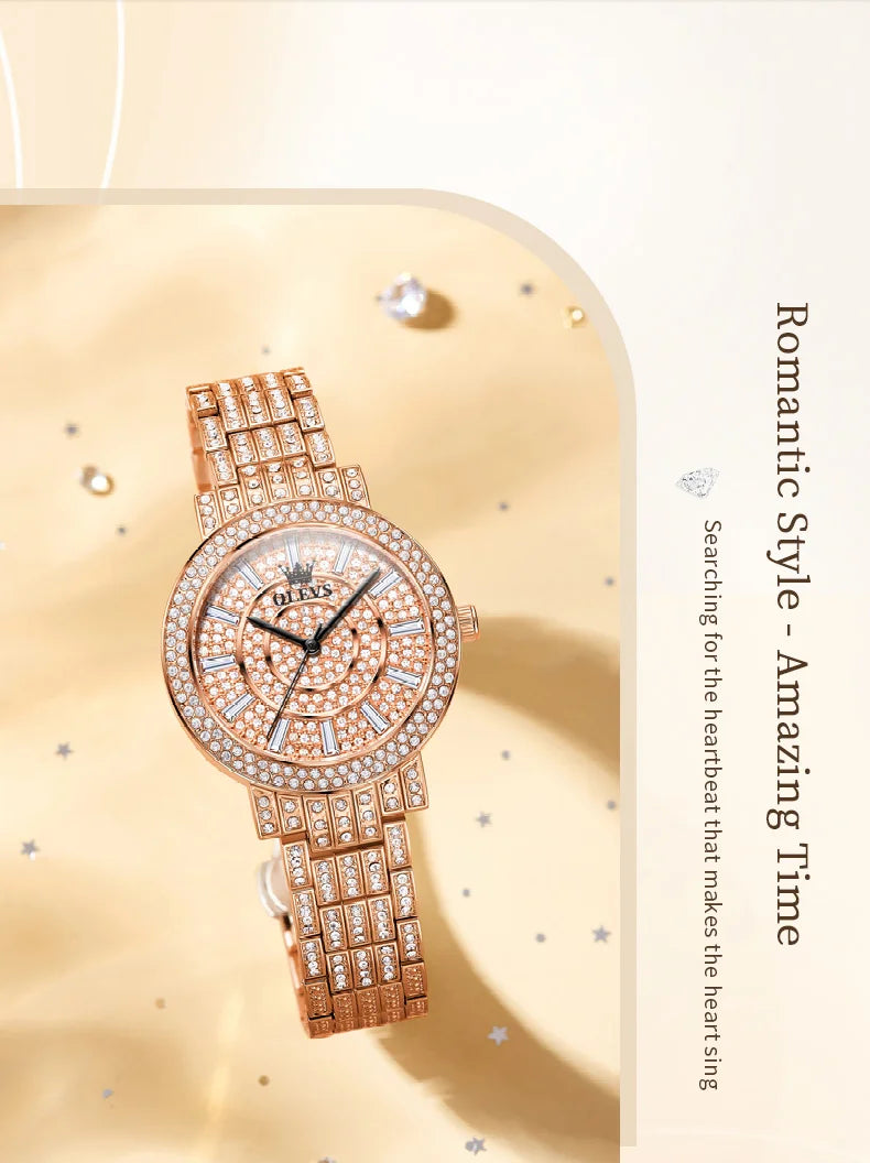 OLEVS Top Original Brand Women's Watches Elegant Luxury Full Diamond Quartz Watch for Lady's Waterproof Silver Female Wristwatch