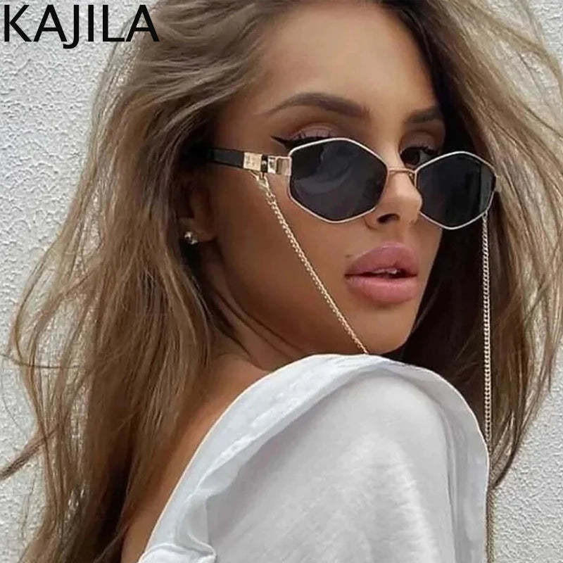 Sexy Small Frame Hexagon Sunglasses Women With Chain 2024 Luxury Brand Designer Punk Sun Glasses For Ladies Shades Gafas De Sol