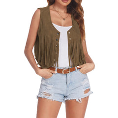 Western Fringe Vest Women Faux Suede Open-Front Vintage Vest Sleeveless 70s Hippie Clothes Boho Jacket Women Hooded Jacket