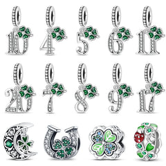 New 925 Sterling Silver Lucky Number Four Leaf Clover Series Charms Beads Fit Pandora 925 Original Bracelet DIY Birthday Jewelry