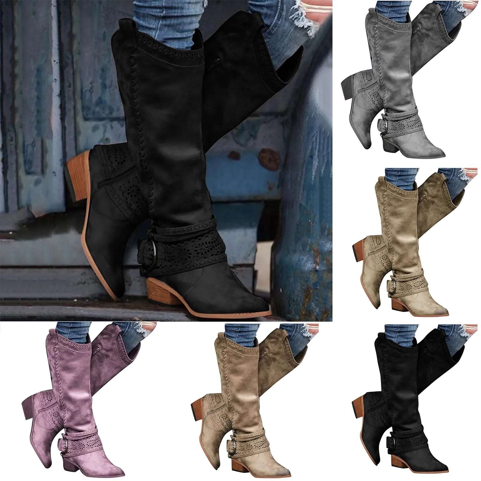 2023 New Western Cowboy Boots Buckle Ladies Low Heel Knee High Boots Retro Hollow Out Shoes Winter Female Shoes