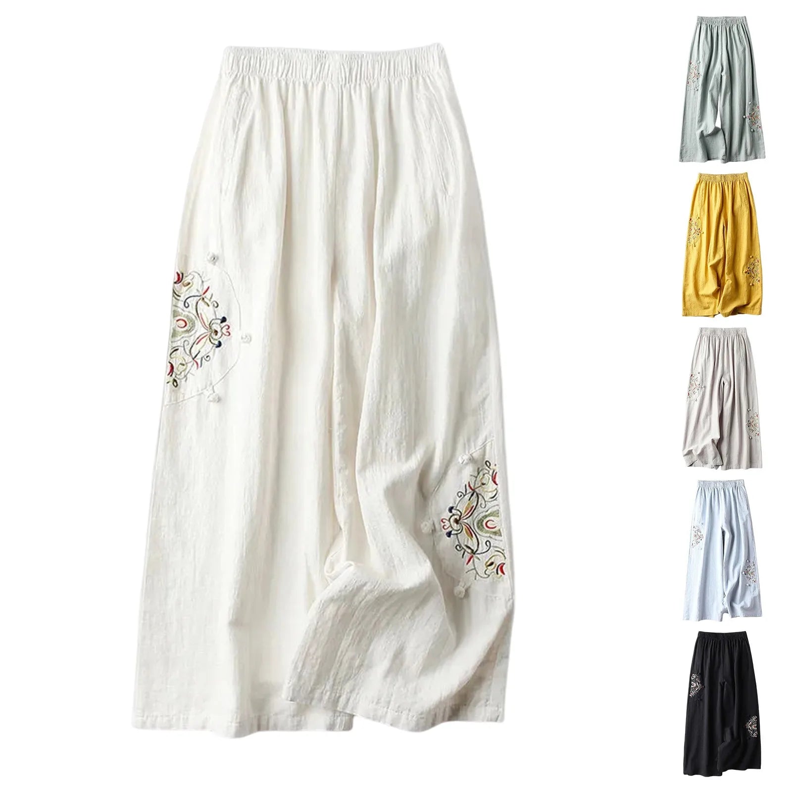 Women Ethnic Style Casual Pants For Women Embroidered Elastic Waist Wide Leg Trousers Women Pantalones Cotton Linen Culottes