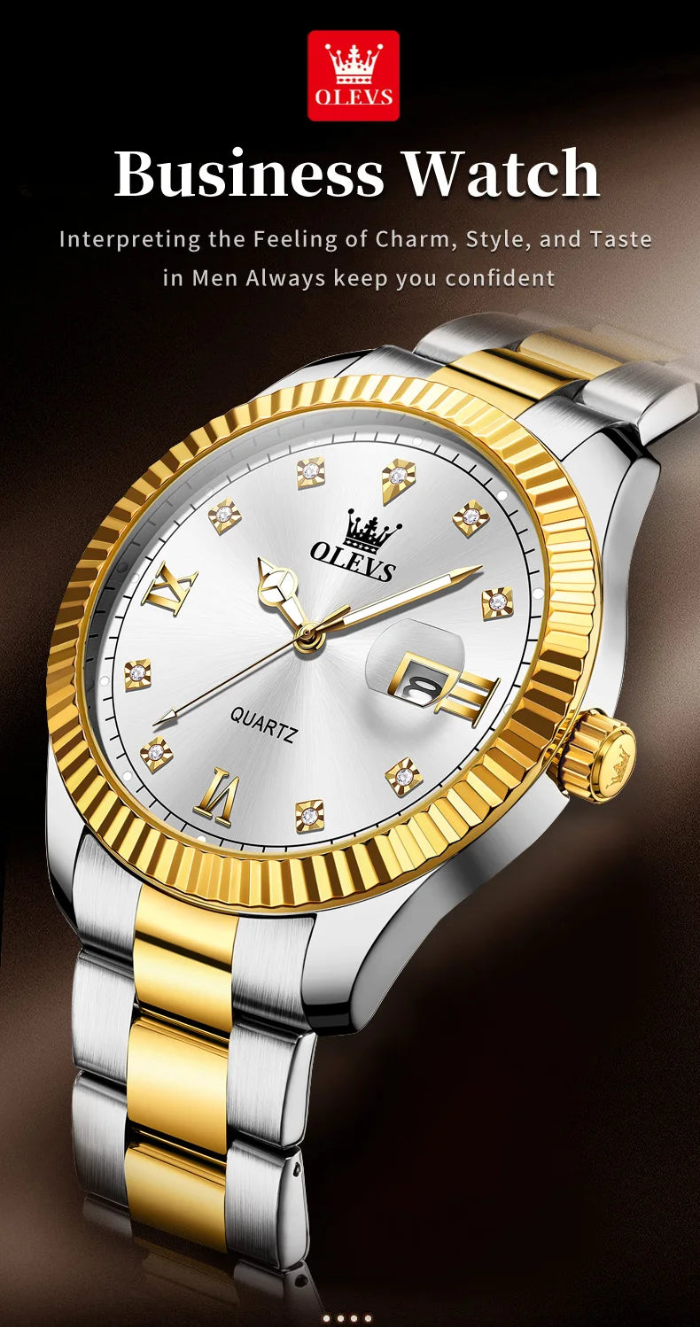 OLEVS 3623 Men's Watches Business Luxury Diamond Roman Scale Waterproof Luminous Stainless steel Gold Wristwatches Man